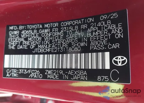 2026 Toyota Corolla Hybrid Hybrid Se from USA, damaged, VIN JTDBCMFE2T3118080
